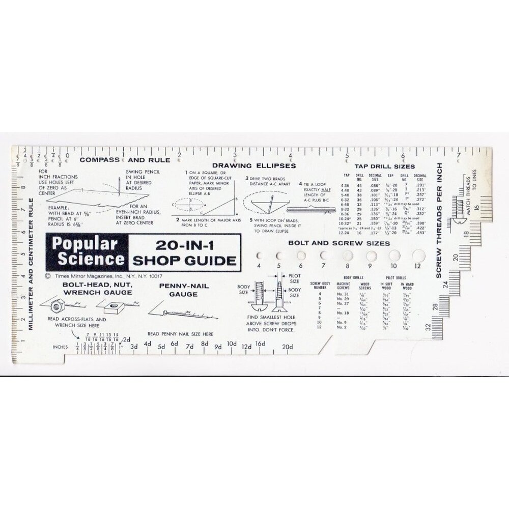 Popular Science 20-in-1 Shop Guide Metal Ruler Tool – 1970s Multi-Gauge